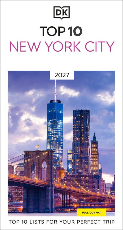 "TOP 10 NEW YORK CITY 2027", darunter die Skyline mit einer Brücke bei Dämmerung. Ein Logo oben und der Text "PULL-OUT MAP" unten.