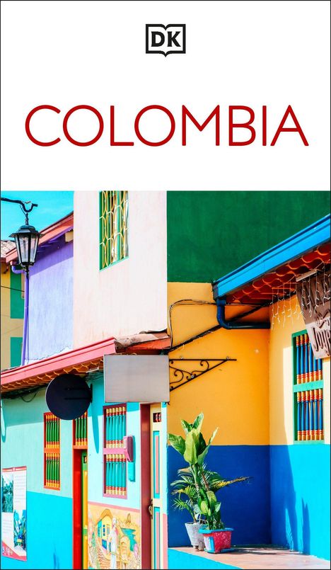 Text "COLOMBIA" in Rot und ein "DK"-Logo. Bunte Häuserfassaden mit kräftigen Farben und Pflanzen.