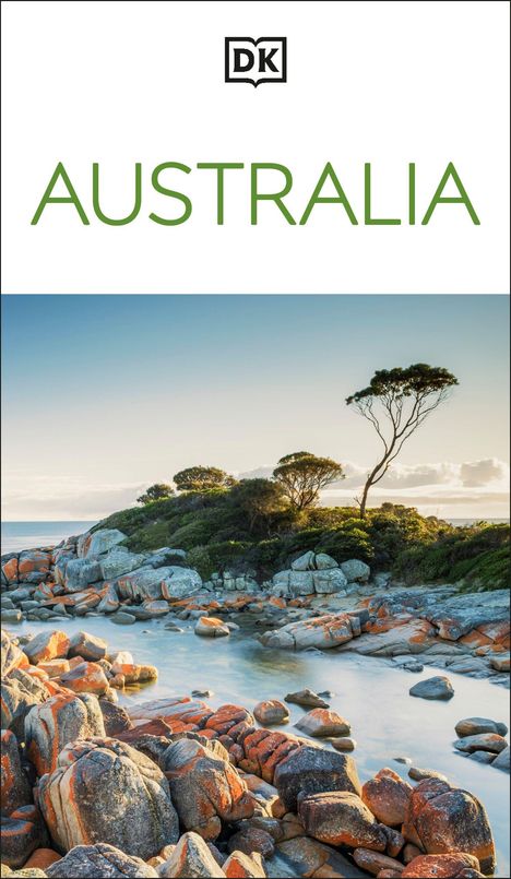 "AUSTRALIA" in Grün, darunter Naturkulisse mit steinigen Ufern, Bäumen und sanftem Gewässer; oben ein DK-Logo.
