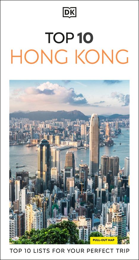 "TOP 10 HONG KONG" steht oben, darunter Skyline mit modernen Hochhäusern und Hafen. Ein rundes Logo ganz oben.