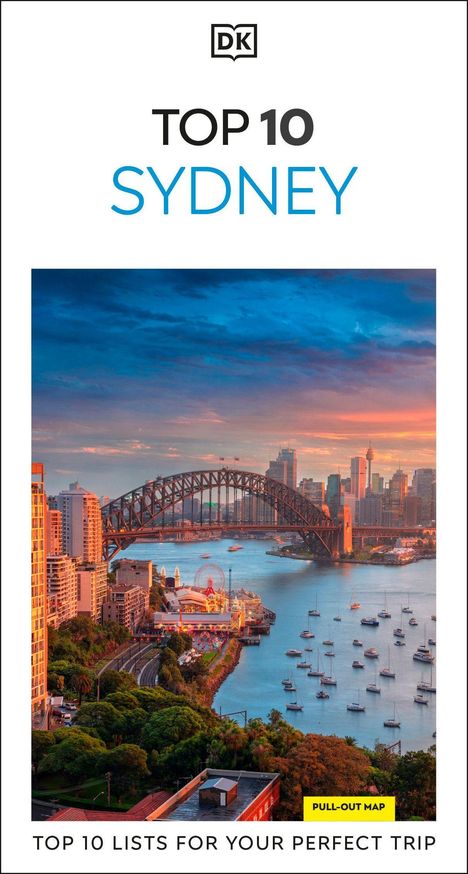 „Top 10 Sydney“ und „Top 10 Lists for Your Perfect Trip“, mit einem Bild der Sydney Harbour Bridge bei Sonnenuntergang.