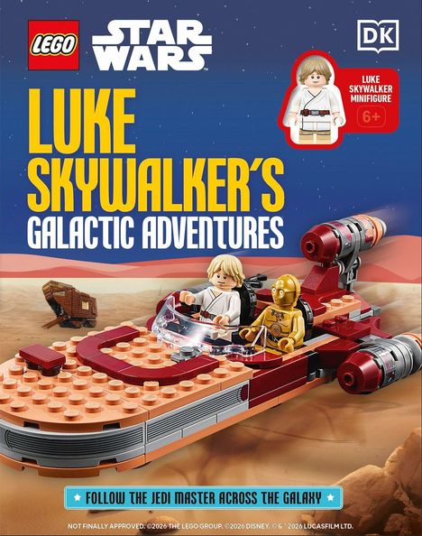 "Luke Skywalker's Galactic Adventures." LEGO Minifigur in einem Fahrzeug auf einer Wüstenlandschaft, illustriert.