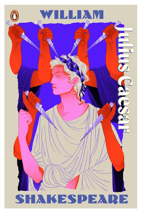 William Shakespeare, Julius Caesar. Illustration eines Mannes mit Lorbeerkranz umgeben von Händen mit Dolchen.