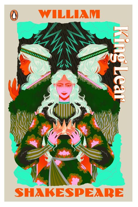 "King Lear" von William Shakespeare. Illustration: Drei Figuren mit weißen Haaren und Kronen, lebendige Farben.