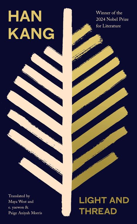 "Han Kang, Gewinner des 2024 Nobelpreis. Light and Thread." Illustration eines goldenen Blatts auf dunklem Hintergrund.