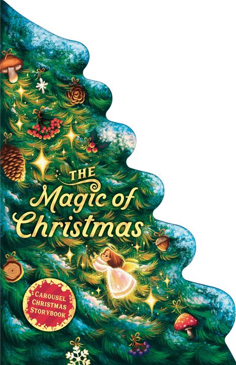 Text: "The Magic of Christmas" und "Carousel Christmas Storybook". Illustration eines Weihnachtsbaums mit Ornamenten und Engel.