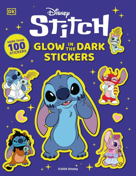 "Disney Stitch: Glow in the Dark Stickers, mehr als 100 Sticker." Bunte Illustrationen von Stitch und anderen Charakteren.