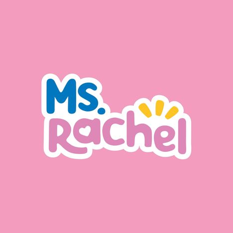 Text: "Ms. Rachel". Verspieltes Logo auf rosa Hintergrund, mit blauen und rosa Buchstaben und gelbem Detail.