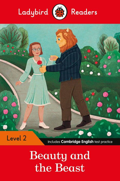 "Beauty and the Beast" mit Ladybird-Logo. Illustration eines Mädchens mit Rose und Löwenfigur in einem Garten.