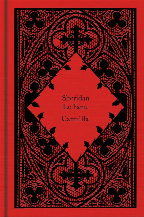 "Sheridan Le Fanu Carmilla" steht in der Mitte eines roten Covers mit schwarzem, ornamentalen Muster.
