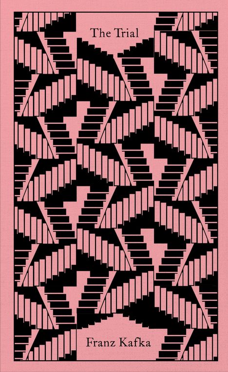 Titel: The Trial. Autor: Franz Kafka. Rosa Hintergrund mit schwarzem, geometrischem Treppenmuster.