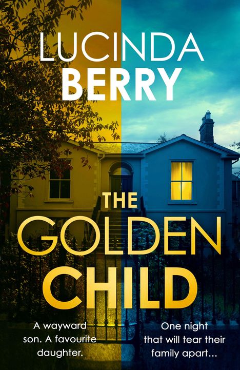 "The Golden Child", "Lucinda Berry", "Final Cover to be Revealed", unscharfer Hintergrund in Blau- und Goldtönen.