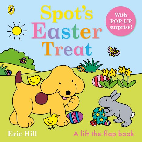 Cover mit buntem Text: „Spot’s Easter Treat“. Ein gelber Hund spielt mit Ostereiern, Küken und einem Hasen auf einer Wiese.