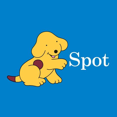 Text: "Spot", daneben ein gelber Welpe mit braunen Flecken vor blauem Hintergrund. Illustration.