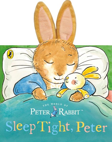 Text: "THE WORLD OF PETER RABBIT™. Sleep Tight, Peter." Illustration eines Hasen im Bett mit Kuscheltier.