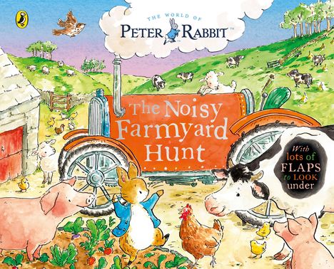 „The Noisy Farmyard Hunt“, „With lots of FLAPS to LOOK under“. Ein Hase und Tiere auf einem Bauernhof vor einem Traktor.