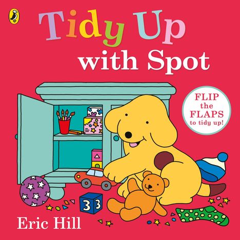 Text: "Spot". Illustration eines gelben Hundewelpen mit braunen Flecken auf blauem Hintergrund.