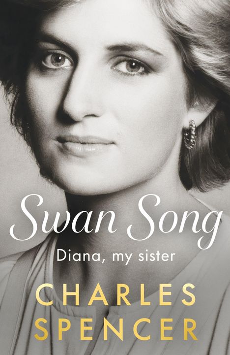 "Swan Song: Diana, my sister - Charles Spencer." Schwarz-weißes Portrait einer Frau mit kurzen Haaren und Ohrringen.