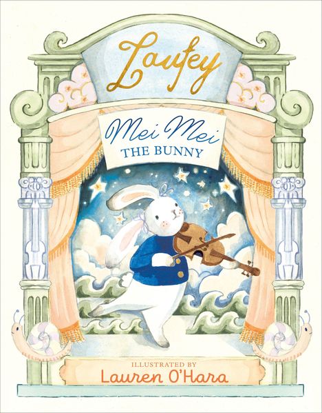 „Mei Mei the Bunny“ in blauer Schrift, spielt Geige vor Vorhang mit Wolken und Sternen, Schnecke unten links.