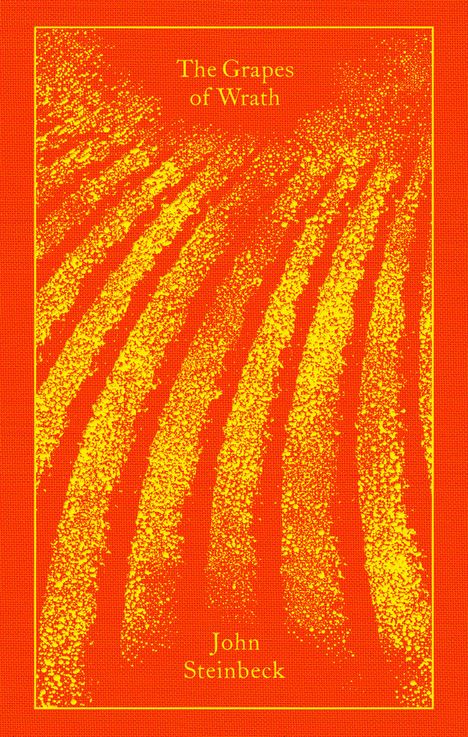 "The Grapes of Wrath" von John Steinbeck. Gelbe Körner formen Linien auf rotem Hintergrund.