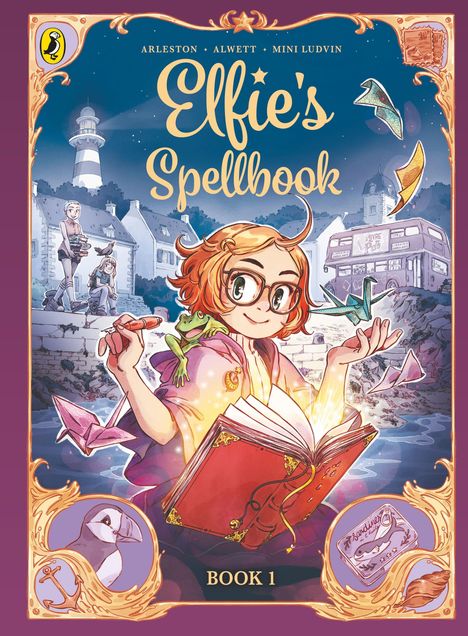 "Elfie's Spellbook, Book 1." Illustration zeigt ein Mädchen mit Brille, Zauberbuch in der Hand, Frösche und Origami.