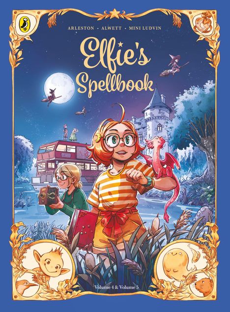 "Elfie's Spellbook" und "Volume 4 & Volume 5" sind die Titel. Zwei Kinder mit einem Buch und einer Kamera. Fantasiehafte Szenerie mit Drache.