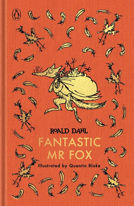 "ROALD DAHL FANTASTIC MR FOX Illustrated by Quentin Blake" auf orange Hintergrund mit spielerischer Fuchsillustration.