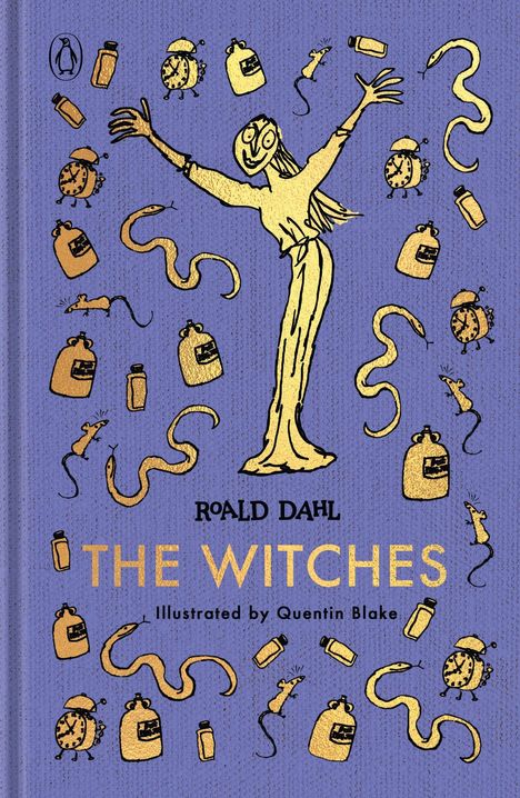 „ROALD DAHL THE WITCHES Illustrated by Quentin Blake“. Eine Illustration zeigt eine fröhliche Figur mit Schlangen, Mäusen und Uhren.