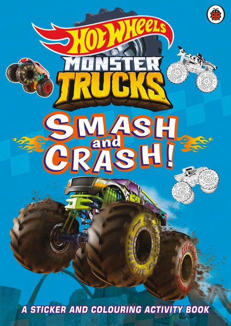"Hot Wheels Monster Trucks Smash and Crash!" steht groß auf einem blauen Hintergrund, mit bunten Illustrationen von Monstertrucks.
