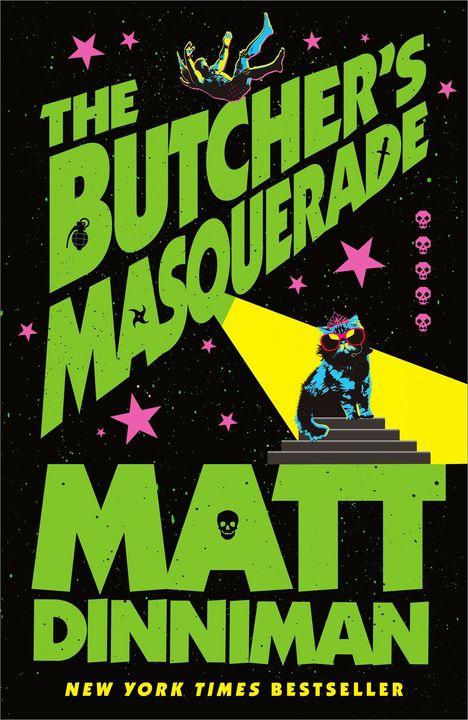 "The Butcher's Masquerade" und "MATT DINNIMAN". Neonfarbene Katze mit Sonnenbrille unter einem Scheinwerfer auf Stufen.