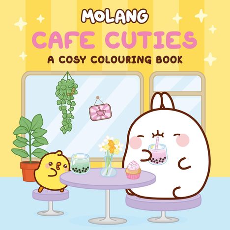 „Molang Cafe Cuties: A Cosy Colouring Book“ steht oben. Illustration: Zwei niedliche Figuren trinken Bubble Tea im Café.