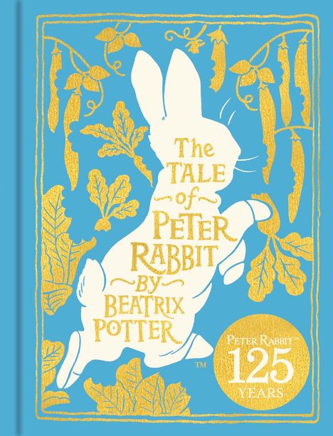 „The Tale of Peter Rabbit by Beatrix Potter“ und „Peter Rabbit 125 Years“. Silhouette eines Hasen mit goldenen Blättern.