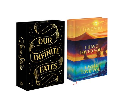 Links: „OUR INFINITE FATES“ in gold auf schwarzem Hintergrund. Rechts: „I LOVE YOU, I HAVE LOVED YOU, I WILL LOVE YOU“ vor Landschaft.