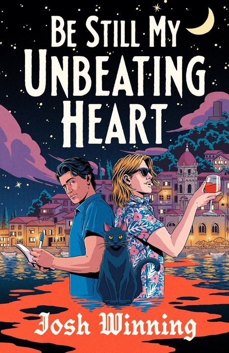"Be Still My Unbeating Heart" und "Josh Winning" stehen auf einer Illustration von zwei Personen mit einer schwarzen Katze.