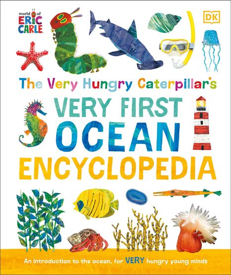 "VERY FIRST OCEAN ENCYCLOPEDIA" mit bunten Meeresillustrationen wie Seepferdchen, Fisch, und Leuchtturm. 