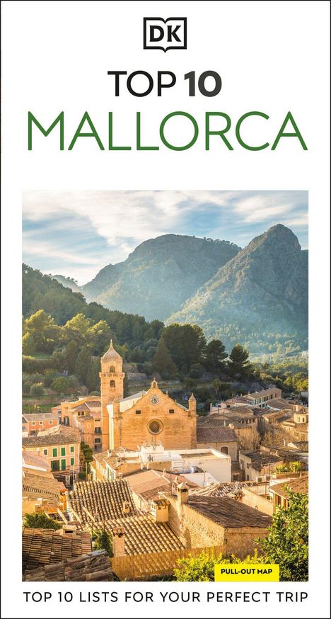 "TOP 10 MALLORCA" und "TOP 10 LISTS FOR YOUR PERFECT TRIP". Illustration: Ein Dorf vor einer Bergkulisse bei Sonnenuntergang.