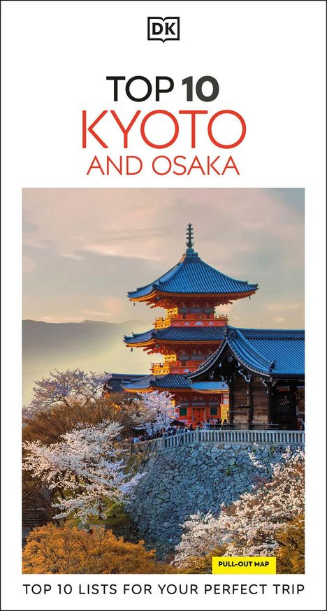 Text: "Top 10 Kyoto and Osaka", "Top 10 lists for your perfect trip". Illustration eines Tempels mit Kirschblüten.