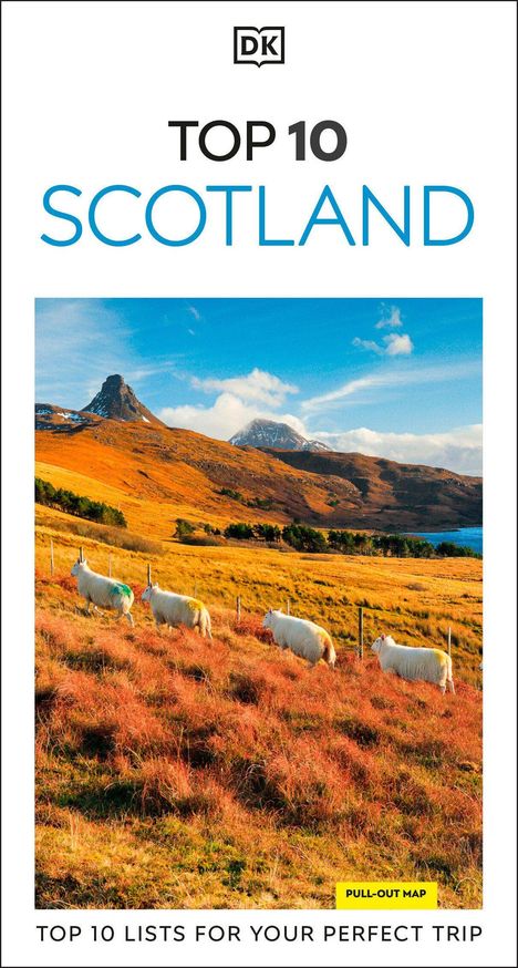 "Top 10 Scotland" mit Schafen in hügeliger Landschaft und Bergen im Hintergrund unter blauem Himmel.