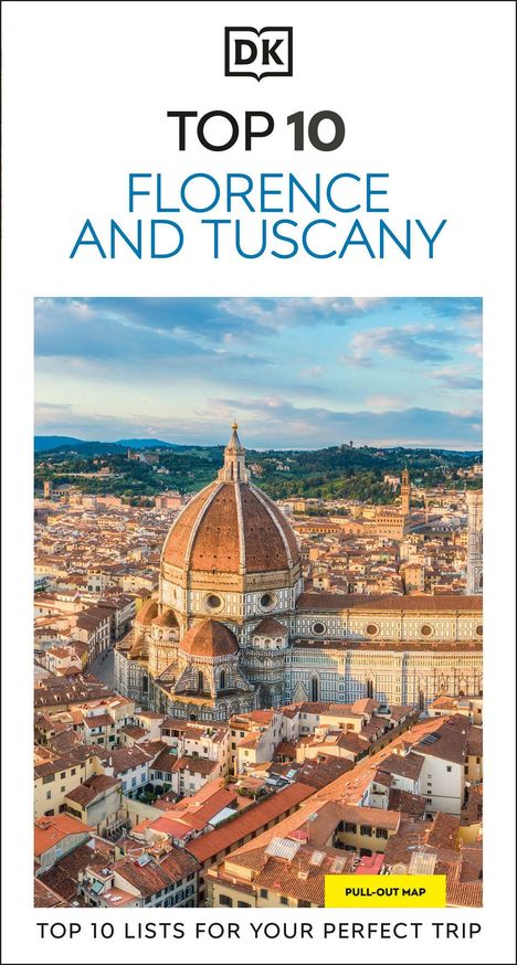 „Top 10 Florence and Tuscany“. Luftaufnahme der Kathedrale von Florenz, umgeben von roter Dachlandschaft.