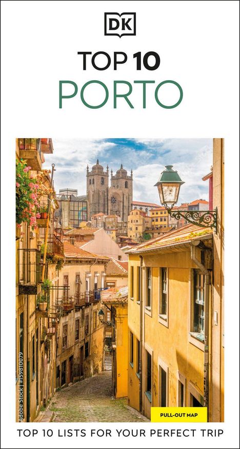 "Top 10 Porto" und "Top 10 Lists for Your Perfect Trip". Mit einer malerischen Altstadtansicht und Kirchen. Logo "DK" oben.