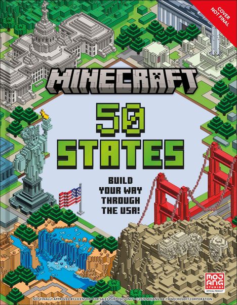 Texte: "Minecraft 50 States. Build your way through the USA!" Illustration: Gebäude und Sehenswürdigkeiten aus Blöcken.