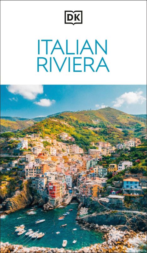 Text: "ITALIAN RIVIERA". Ein farbenfrohes Küstendorf an einem Hang mit Booten im türkisfarbenen Wasser im Vordergrund.