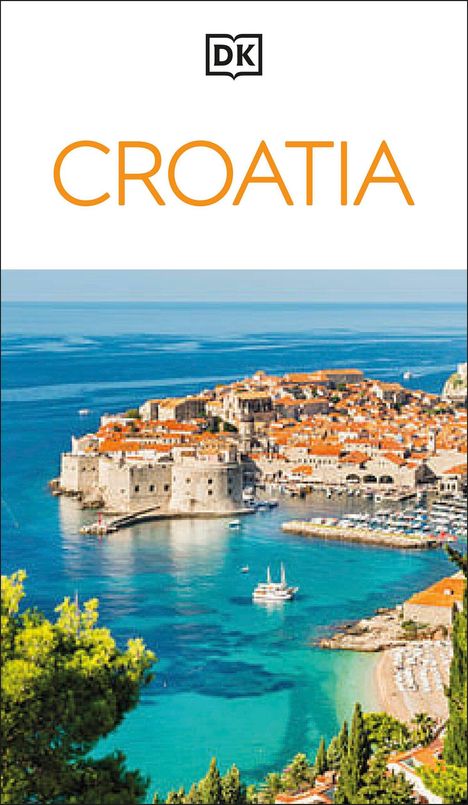 Text im oberen Bereich: "CROATIA". Darunter Küstenpanorama mit historischen Gebäuden und türkisblauem Meer. Logo mit "DK".