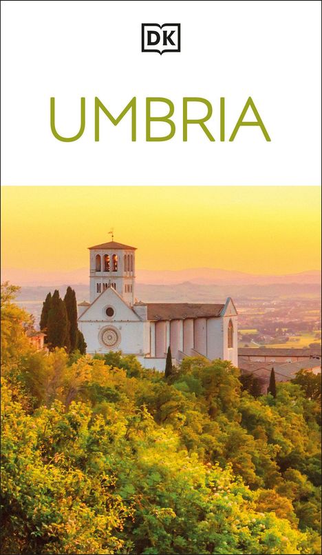 Text: "UMBRIA". Illustration einer Kirche in malerischer Landschaft, umgeben von grünen Bäumen bei Sonnenuntergang.