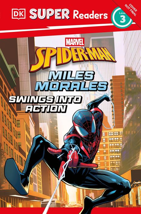 Text: "SUPER Readers, Spider-Man, Miles Morales, Swings Into Action." Illustration von Spider-Man, der durch eine Stadt schwingt.
