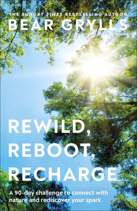"REWILD, REBOOT, RECHARGE" über sonnendurchfluteten Bäumen, blauer Himmel.