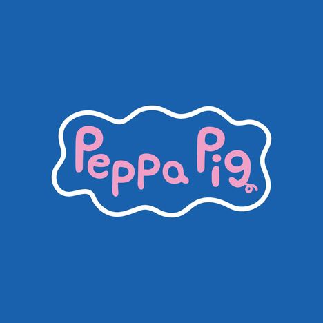 Text: "Peppa Pig" in rosa Buchstaben, umrandet von einer unregelmäßigen weißen Linie auf blauem Hintergrund.