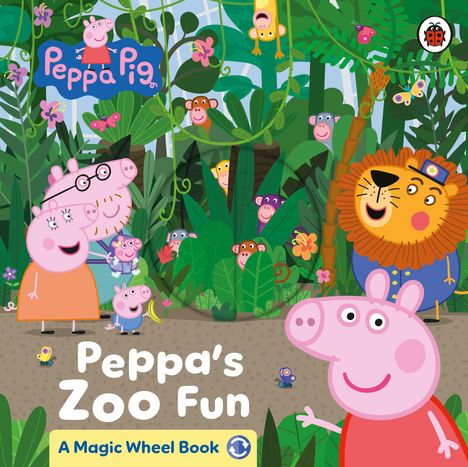 "Peppa Pig. Peppa's Zoo Fun. A Magic Wheel Book." Bunte Illustration mit Tieren und Peppa Pig in einem Dschungel-Setting.