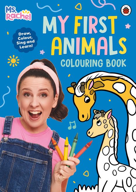 "MY FIRST ANIMALS COLOURING BOOK" in bunten Buchstaben. Frau mit rosa Stirnband hält Buntstifte, lächelt. Illustrationen von Giraffen.