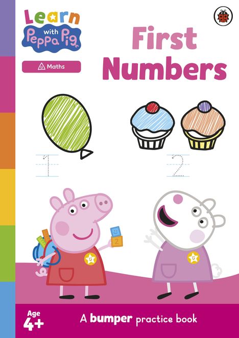 „First Numbers“ steht oben. Zwei Tiere halten einen Würfel und einen Ballon. Bunte Cupcakes und ein Ballon sind abgebildet.